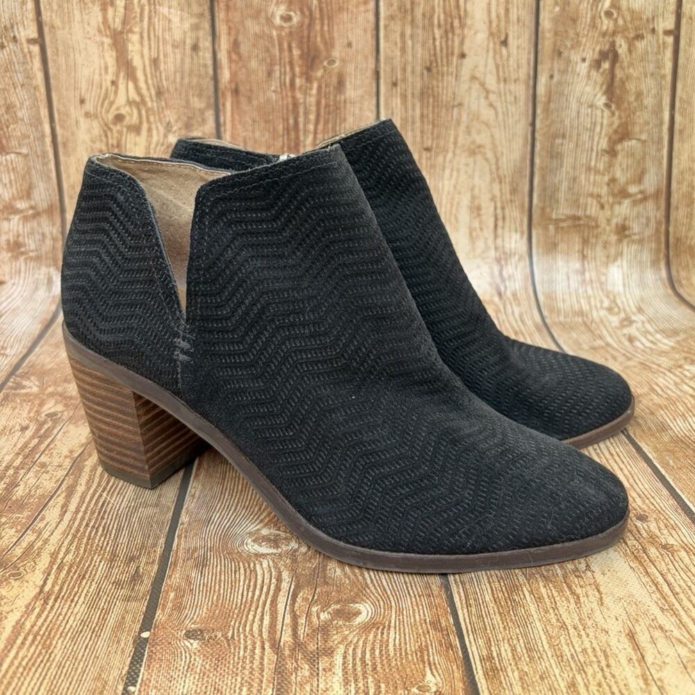 Lucky Brand LP-Pickla Black Leather Chevron Side Zip Round Toe Ankle Bootie 7M